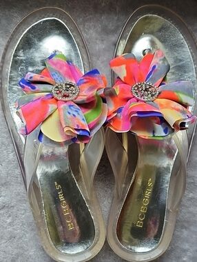 BCBGirls Clear Jelly Flip Flops with Multicolor Floral Accents